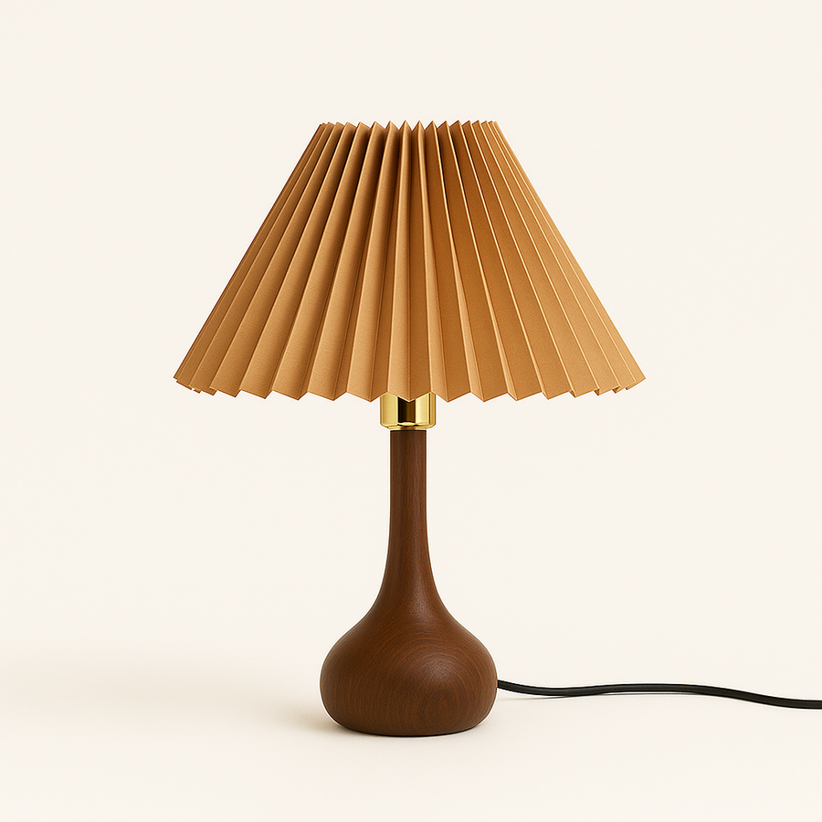 Brown Wooden Table Lamp with Pleated Shade