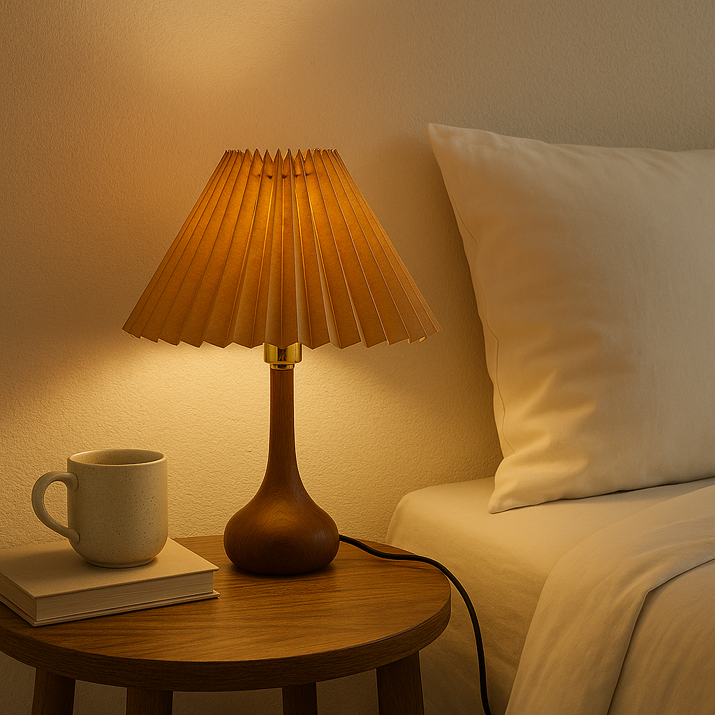 Brown Wooden Table Lamp with Pleated Shade