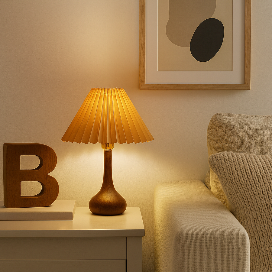 Brown Wooden Table Lamp with Pleated Shade