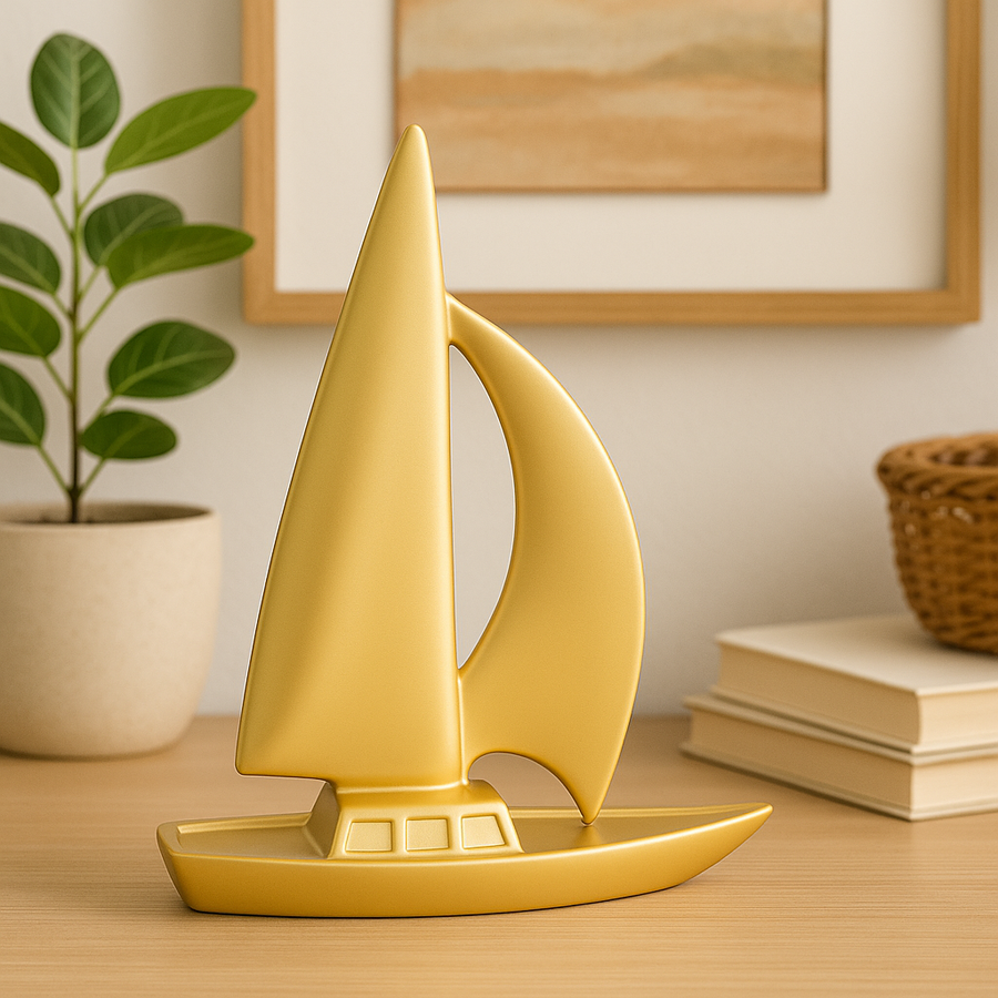 Golden Resin Sailboat Decorative Showpiece – 22 cm