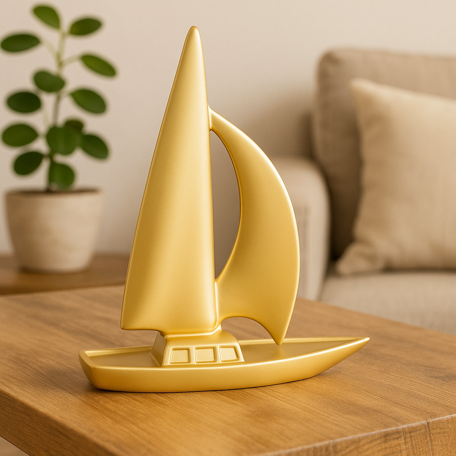 Golden Resin Sailboat Decorative Showpiece – 22 cm