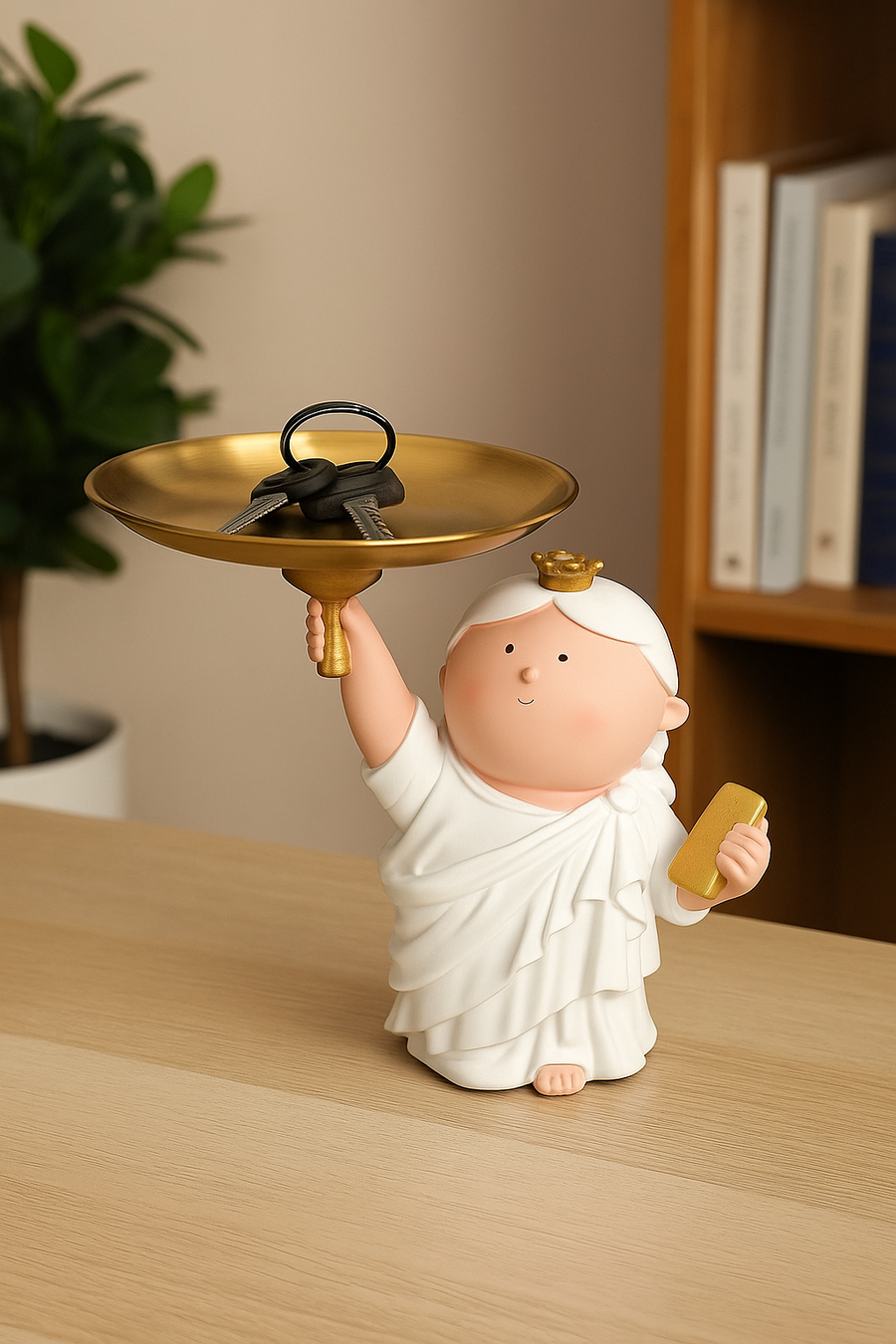 Resin Table Decor Statue with Golden Tray | Cute Lady Holding Plate Figurine