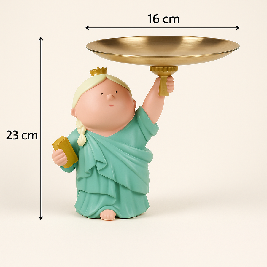 Resin Table Decor Statue with Golden Tray | Cute Lady Holding Plate Figurine