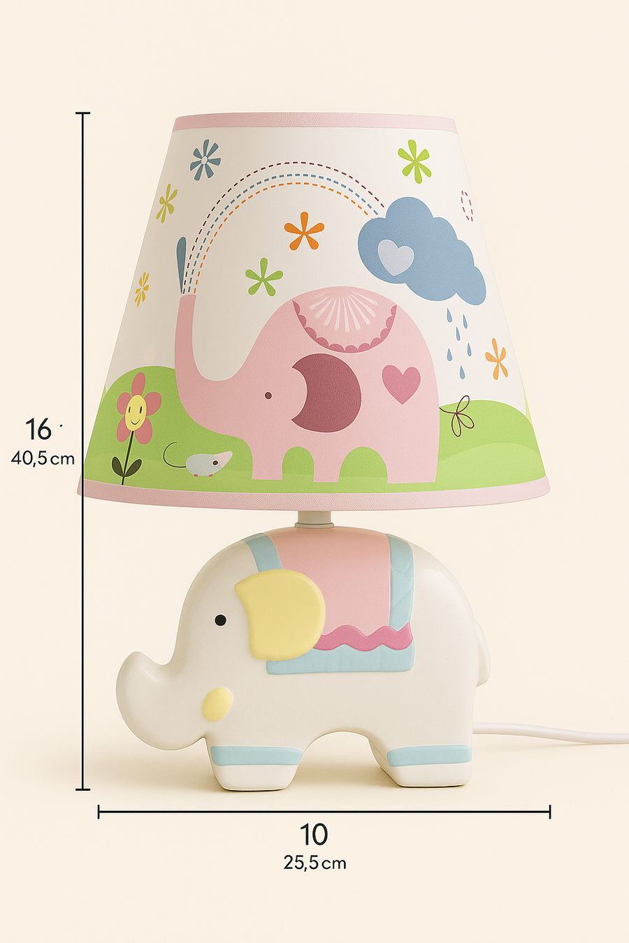 Adorable White Elephant Kids Table Lamp – Ceramic Base with Printed Fabric Shade