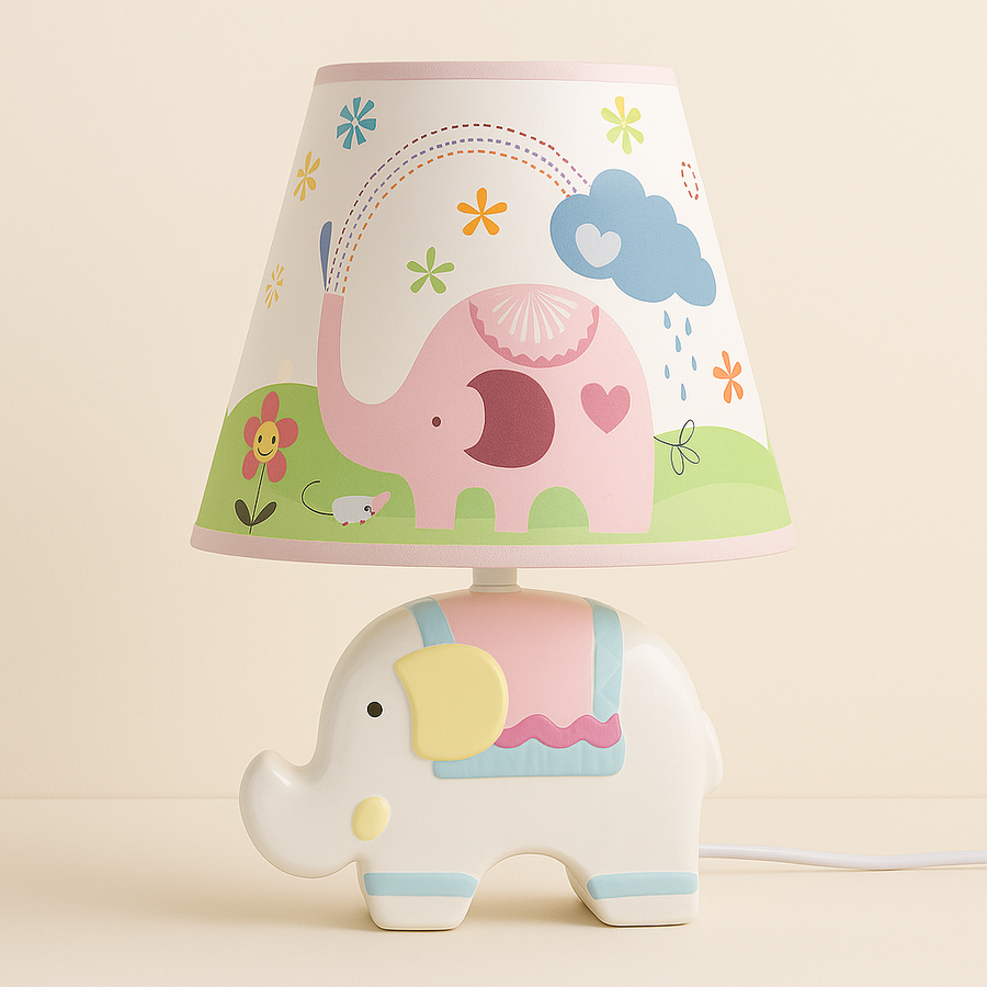 Adorable White Elephant Kids Table Lamp – Ceramic Base with Printed Fabric Shade
