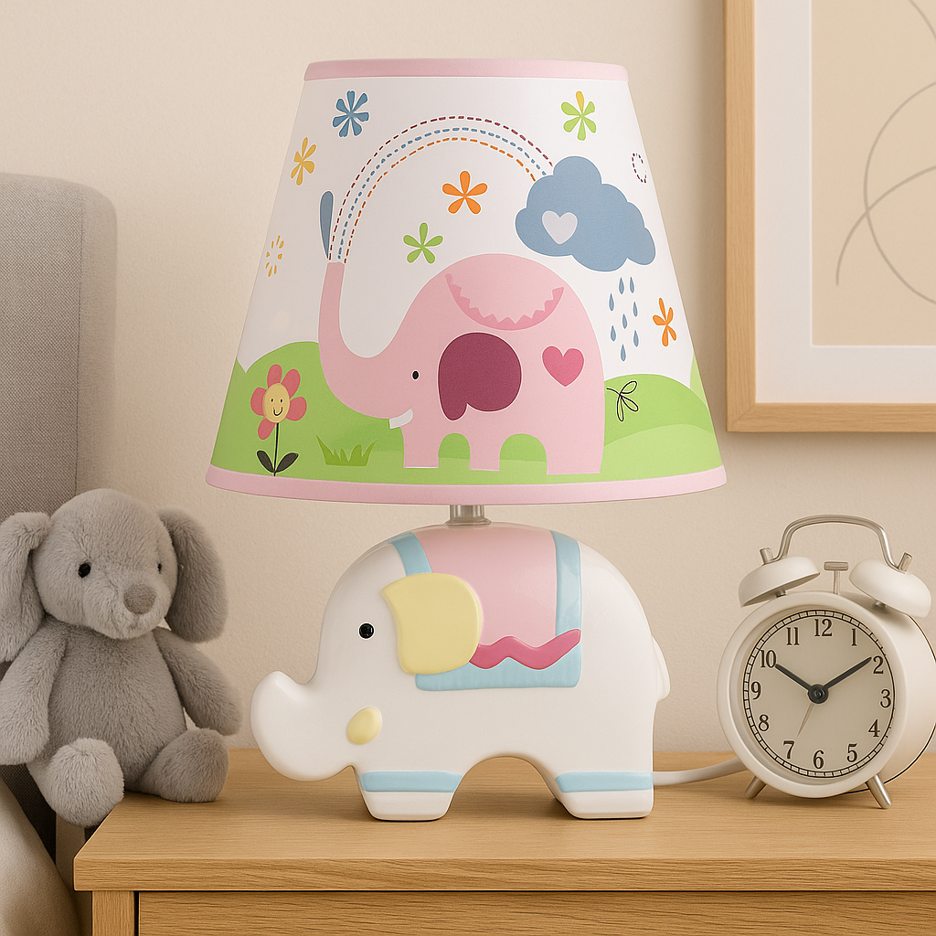Adorable White Elephant Kids Table Lamp – Ceramic Base with Printed Fabric Shade