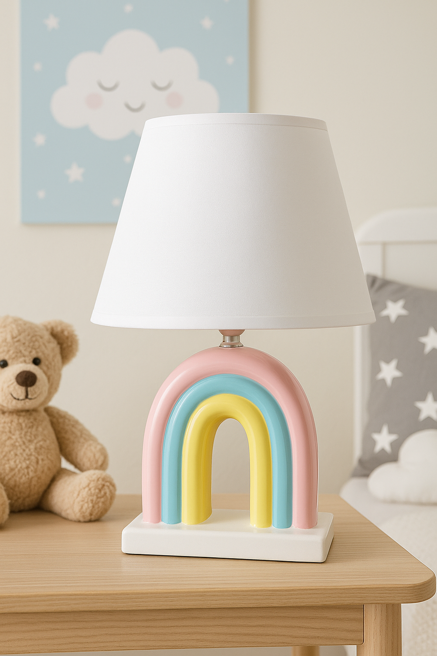 Pastel Rainbow Ceramic Table Lamp – Cute Bedside Lamp for Kids’ Room & Nursery