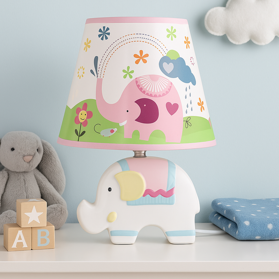 Adorable White Elephant Kids Table Lamp – Ceramic Base with Printed Fabric Shade
