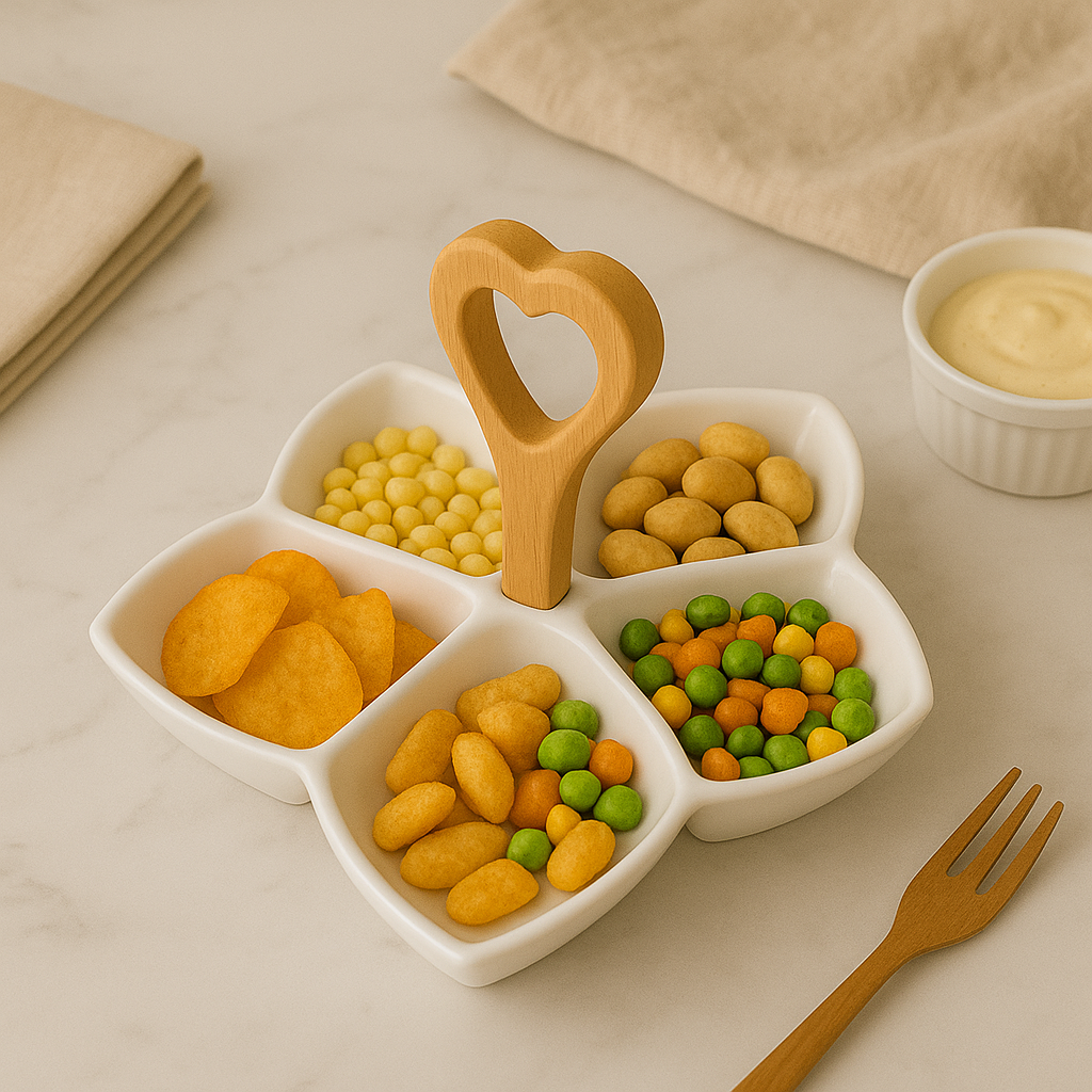 5-Section Ceramic Snack Tray with Wooden Heart Handle