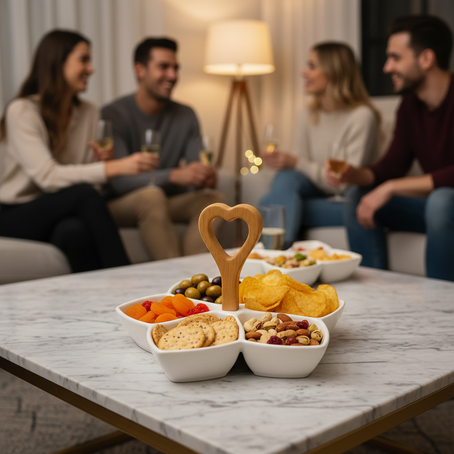 5-Section Ceramic Snack Tray with Wooden Heart Handle