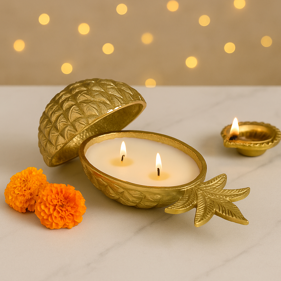 Coral Tree Pineapple Shaped Decorative Candle Holder with Lid – Gold Finish, 2-Wick Wax Candl