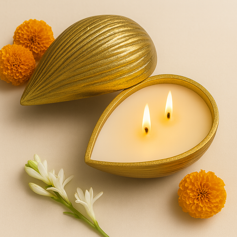Premium Golden Almond-Shaped Candle with Lid | Pre-Filled Aroma Wax | Decorative Metal Container