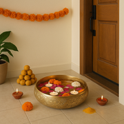 Decorative Brass Metal Urli Bowl with Floating Candles & Flowers