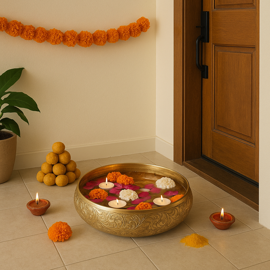 Decorative Brass Metal Urli Bowl with Floating Candles & Flowers
