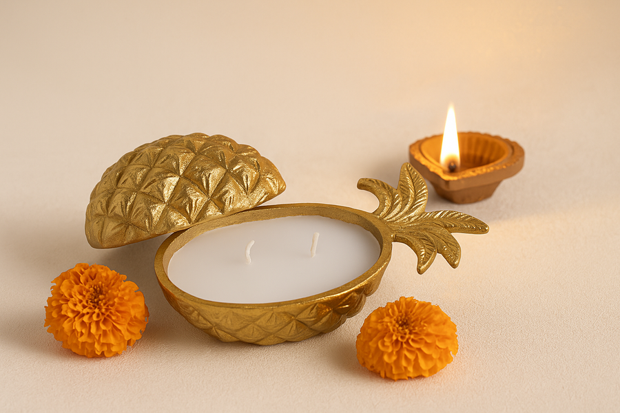 Coral Tree Pineapple Shaped Decorative Candle Holder with Lid – Gold Finish, 2-Wick Wax Candl