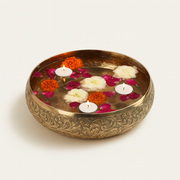 Decorative Brass Metal Urli Bowl with Floating Candles & Flowers