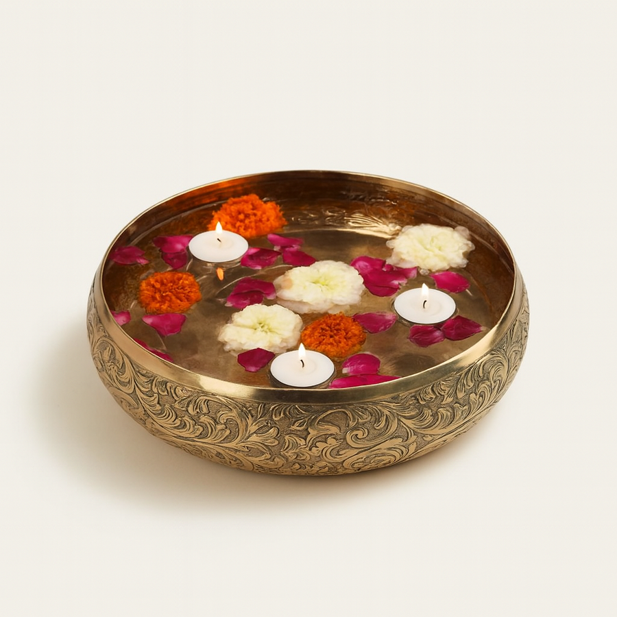 Decorative Brass Metal Urli Bowl with Floating Candles & Flowers
