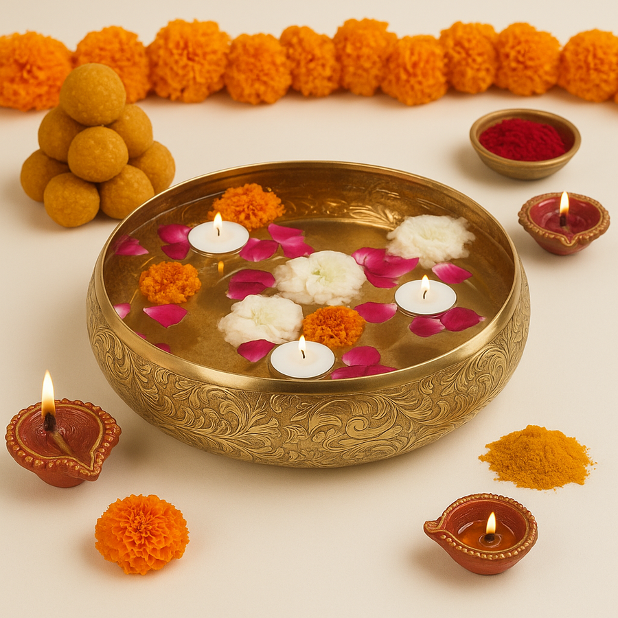 Decorative Brass Metal Urli Bowl with Floating Candles & Flowers