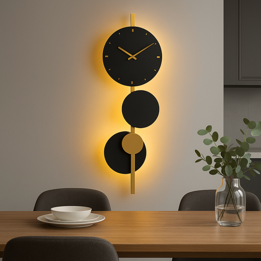Modern Wall Clock with LED Backlight – Black & Gold Decorative Light Clock