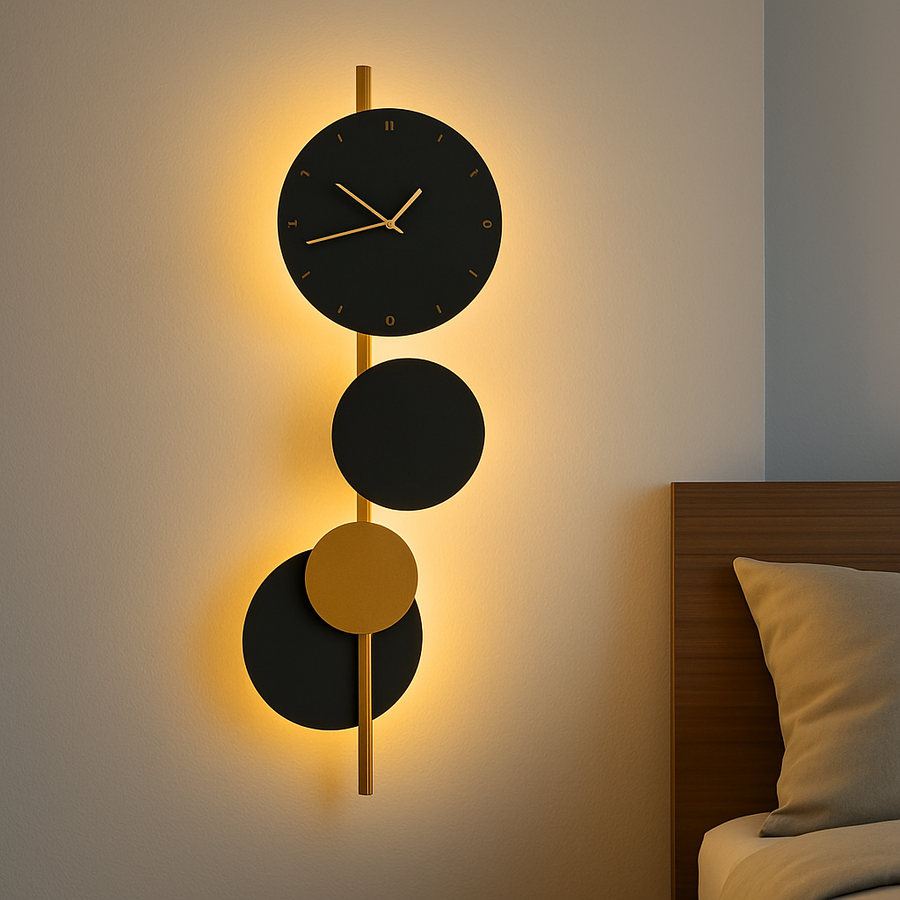 Modern Wall Clock with LED Backlight – Black & Gold Decorative Light Clock