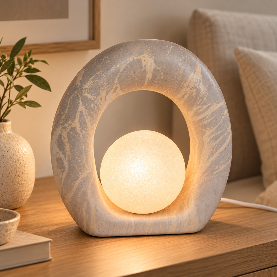 Coral Tree Sculptural Oval Table Lamp with Frosted Globe | Stone-Inspired Decorative Bedside Lamp