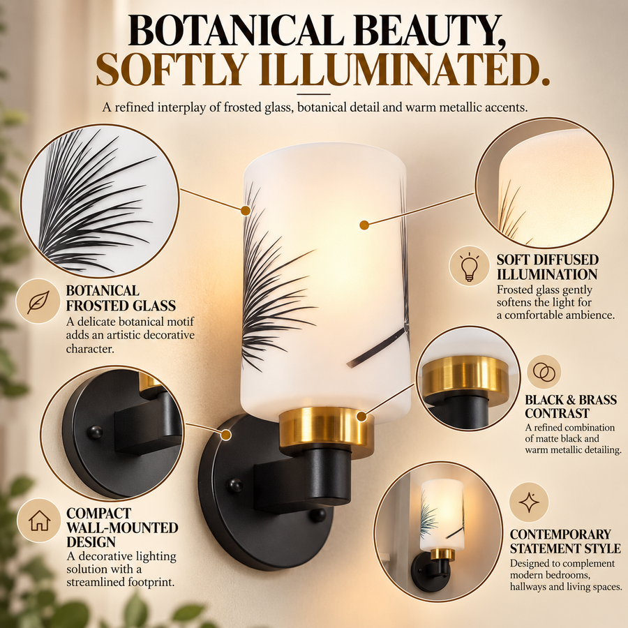 Coral Tree Botanical Frosted Glass Wall Light | Black & Brass Metal Wall Sconce