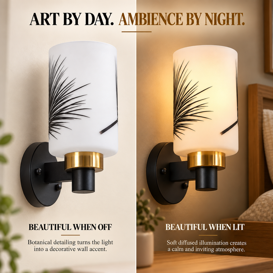 Coral Tree Botanical Frosted Glass Wall Light | Black & Brass Metal Wall Sconce