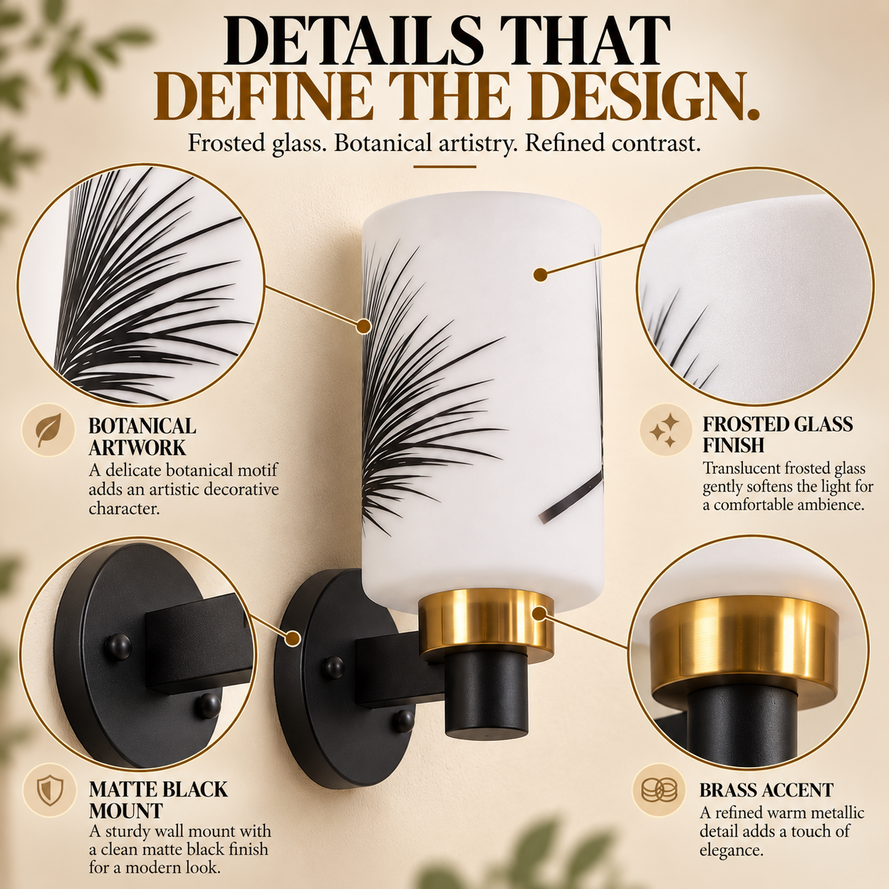 Coral Tree Botanical Frosted Glass Wall Light | Black & Brass Metal Wall Sconce