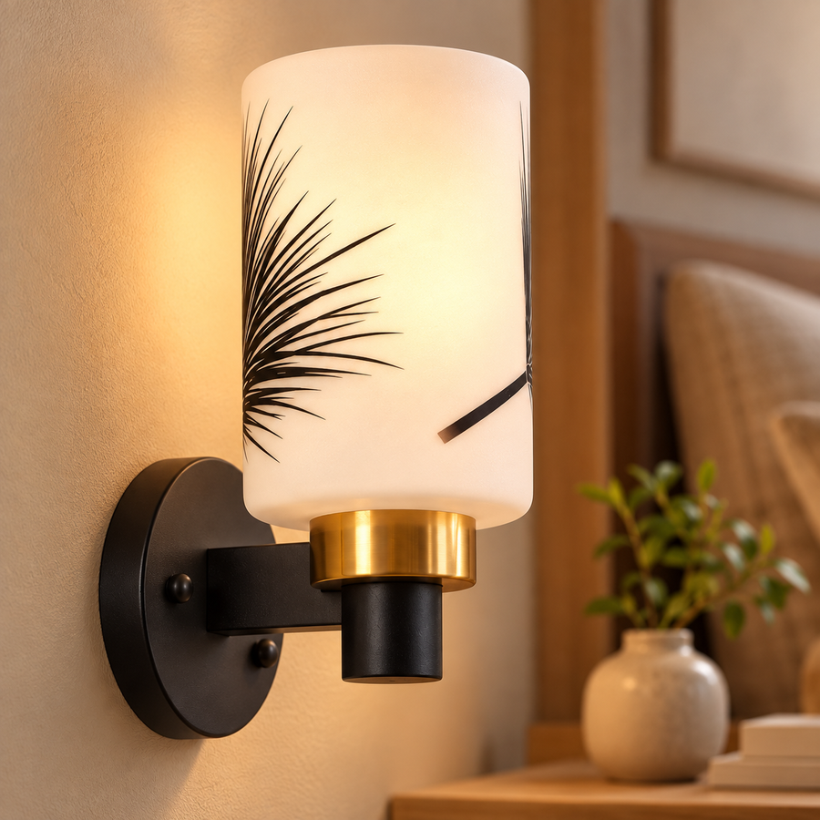 Coral Tree Botanical Frosted Glass Wall Light | Black & Brass Metal Wall Sconce