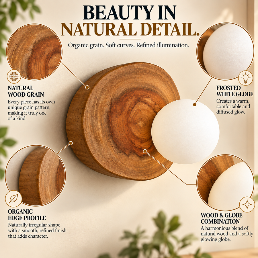 Coral Tree Natural Wood Globe Wall Light | Organic Wooden Wall Sconce with Frosted Glass Globe
