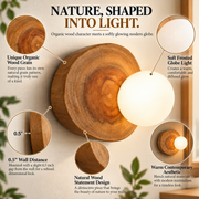 Coral Tree Natural Wood Globe Wall Light | Organic Wooden Wall Sconce with Frosted Glass Globe