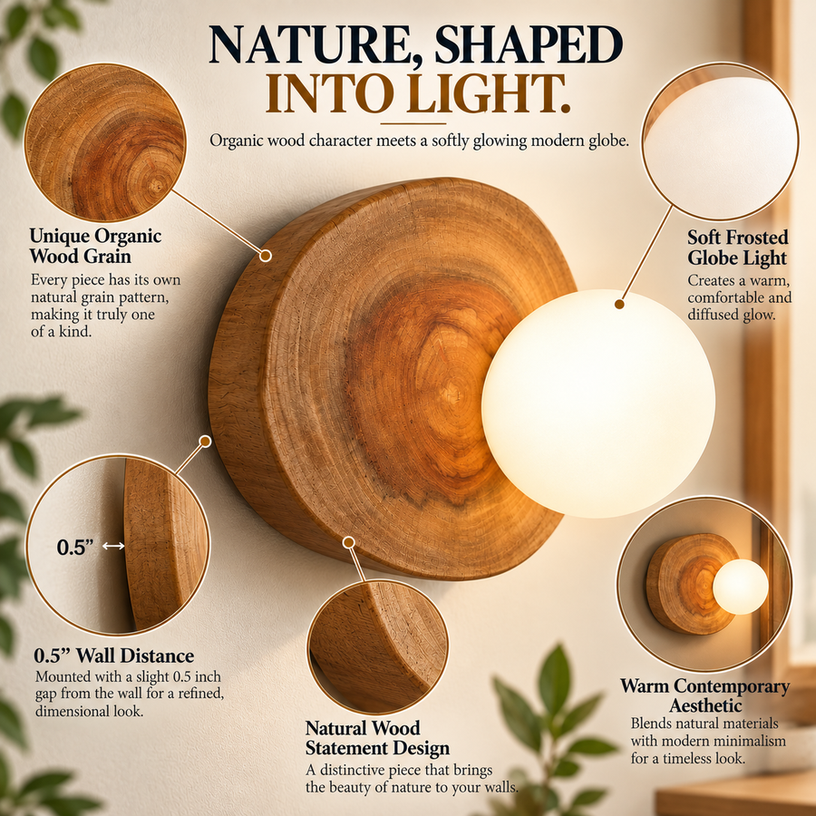 Coral Tree Natural Wood Globe Wall Light | Organic Wooden Wall Sconce with Frosted Glass Globe