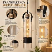 Coral Tree Modern Cylindrical Clear Glass Pendant Light with Black & Antique Brass Detail