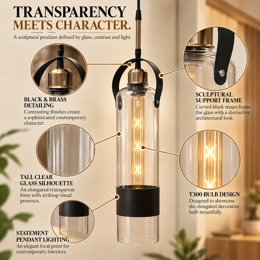 Coral Tree Modern Cylindrical Clear Glass Pendant Light with Black & Antique Brass Detail