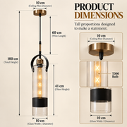 Coral Tree Modern Cylindrical Clear Glass Pendant Light with Black & Antique Brass Detail