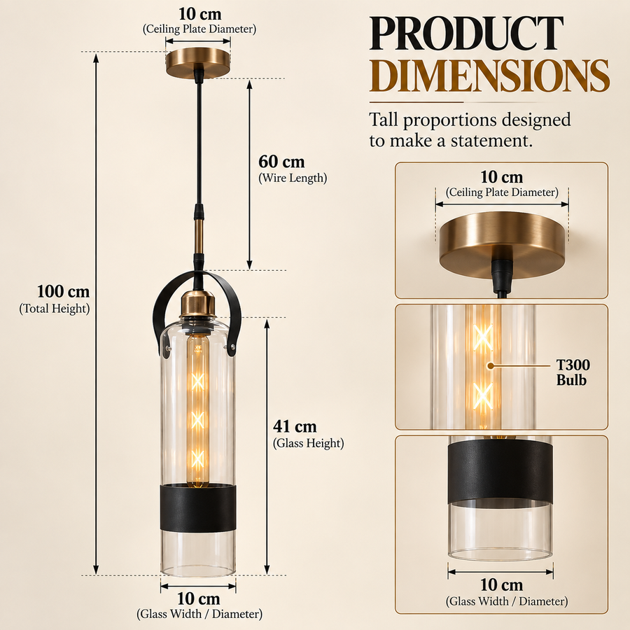Coral Tree Modern Cylindrical Clear Glass Pendant Light with Black & Antique Brass Detail