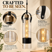 Coral Tree Modern Cylindrical Clear Glass Pendant Light with Black & Antique Brass Detail