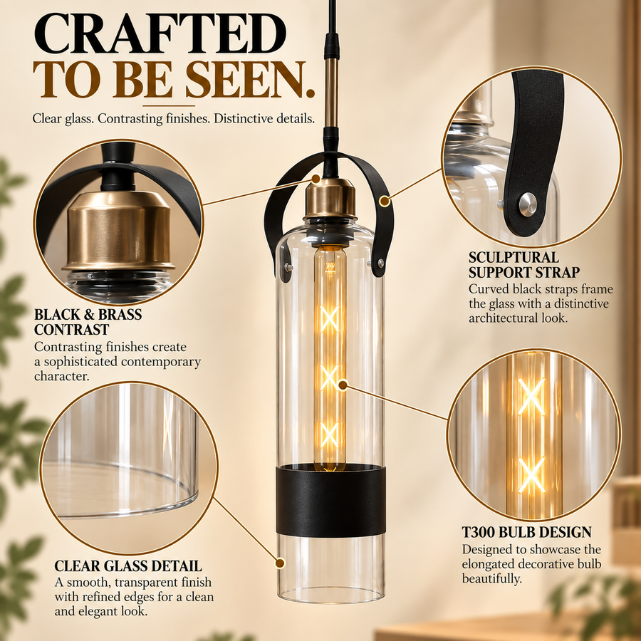 Coral Tree Modern Cylindrical Clear Glass Pendant Light with Black & Antique Brass Detail