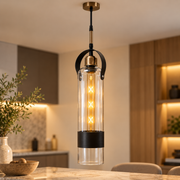 Coral Tree Modern Cylindrical Clear Glass Pendant Light with Black & Antique Brass Detail