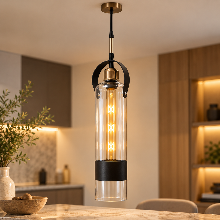 Coral Tree Modern Cylindrical Clear Glass Pendant Light with Black & Antique Brass Detail