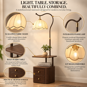 Coral Tree 3-in-1 Floor Lamp with Side Table & 2-Drawer Storage Cabinet | Scalloped Fabric Shade | E27 Bulb Compatible