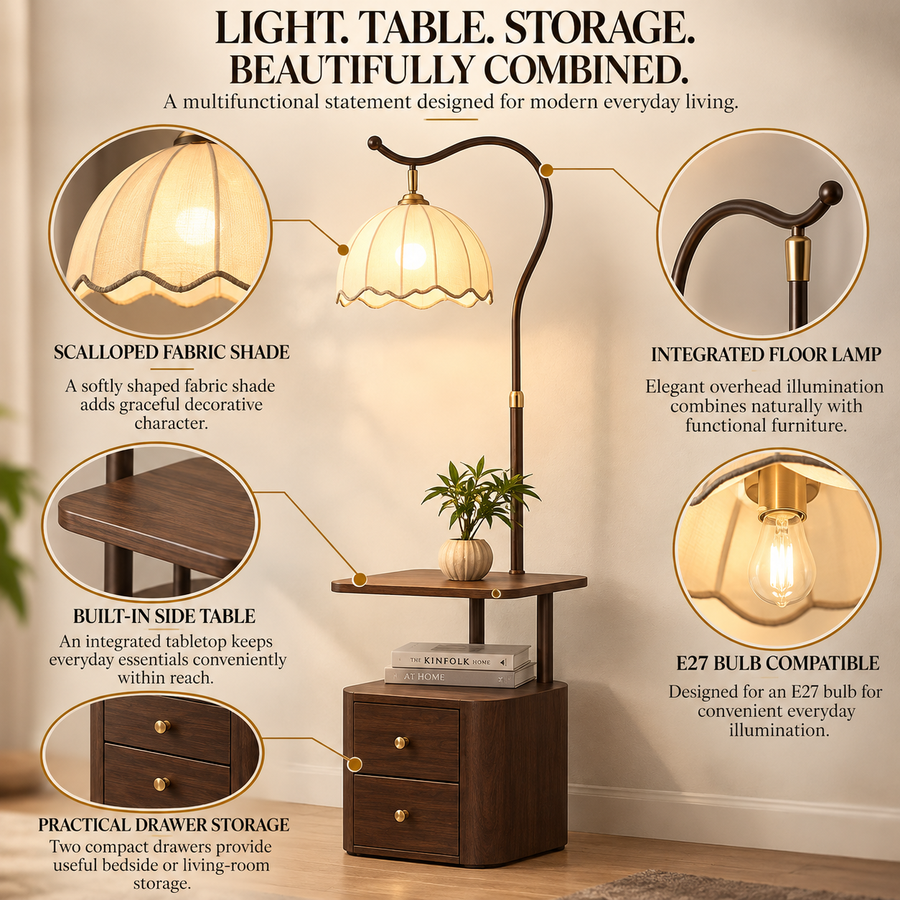 Coral Tree 3-in-1 Floor Lamp with Side Table & 2-Drawer Storage Cabinet | Scalloped Fabric Shade | E27 Bulb Compatible