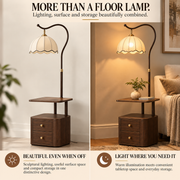 Coral Tree 3-in-1 Floor Lamp with Side Table & 2-Drawer Storage Cabinet | Scalloped Fabric Shade | E27 Bulb Compatible