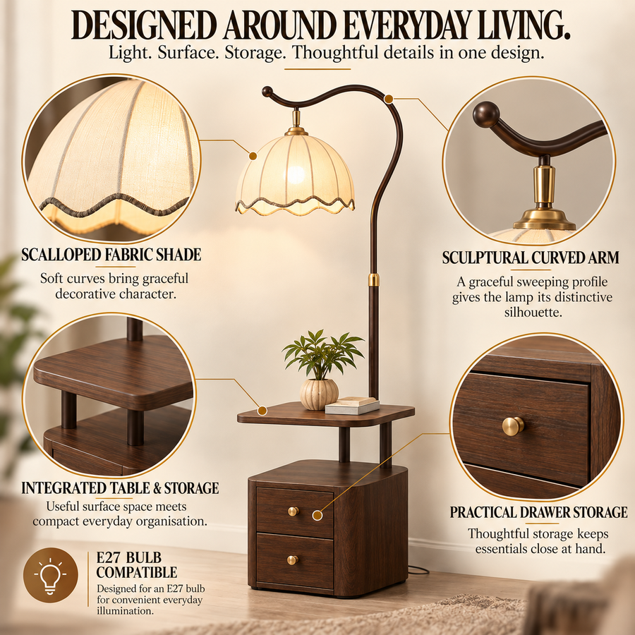 Coral Tree 3-in-1 Floor Lamp with Side Table & 2-Drawer Storage Cabinet | Scalloped Fabric Shade | E27 Bulb Compatible