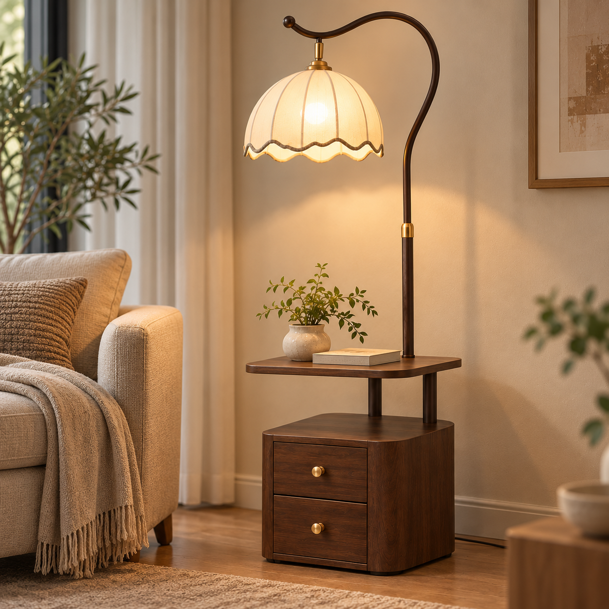 Coral Tree 3-in-1 Floor Lamp with Side Table & 2-Drawer Storage Cabinet | Scalloped Fabric Shade | E27 Bulb Compatible