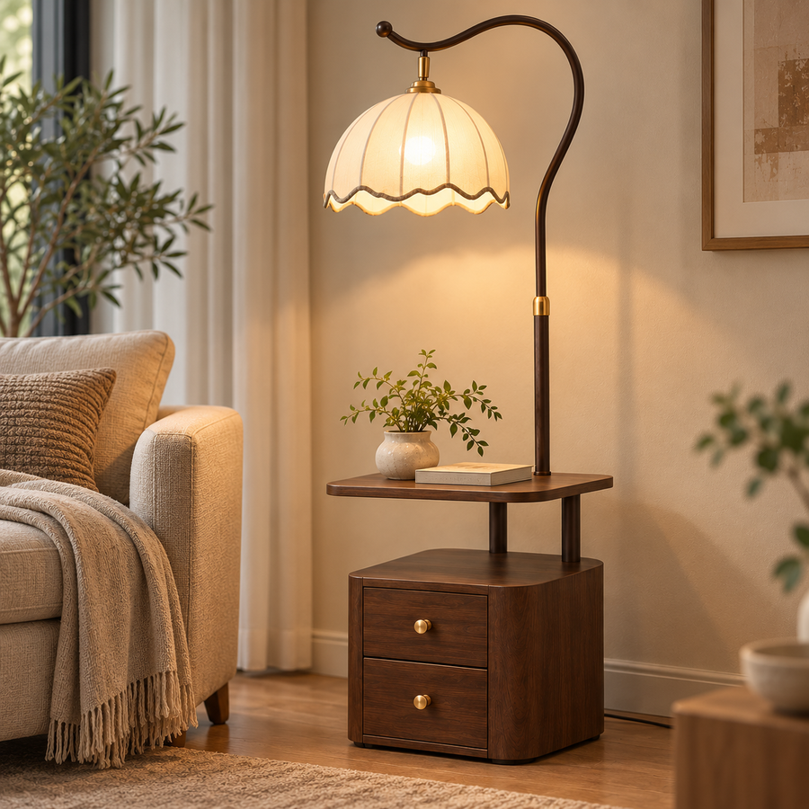 Coral Tree 3-in-1 Floor Lamp with Side Table & 2-Drawer Storage Cabinet | Scalloped Fabric Shade | E27 Bulb Compatible