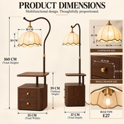 Coral Tree 3-in-1 Floor Lamp with Side Table & 2-Drawer Storage Cabinet | Scalloped Fabric Shade | E27 Bulb Compatible