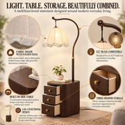 Coral Tree 3-in-1 Floor Lamp with Side Table & 3-Drawer Storage | Scalloped Fabric Shade | Dark Walnut Finish