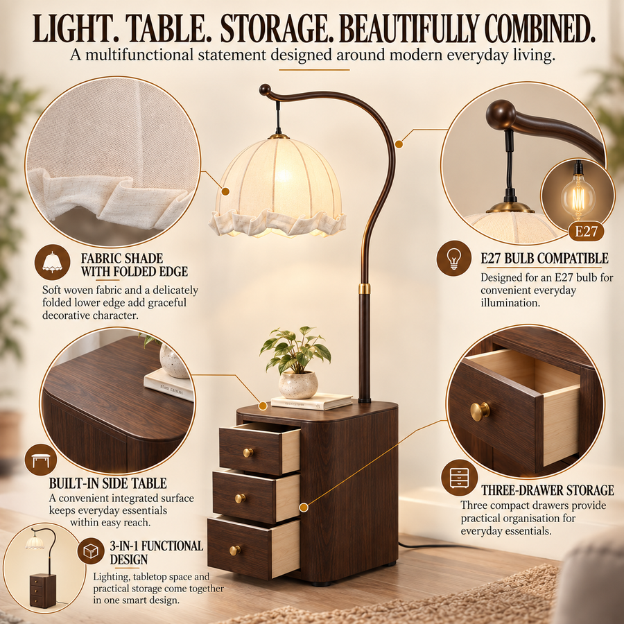 Coral Tree 3-in-1 Floor Lamp with Side Table & 3-Drawer Storage | Scalloped Fabric Shade | Dark Walnut Finish