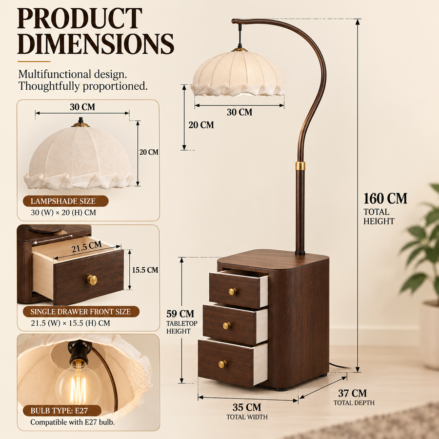 Coral Tree 3-in-1 Floor Lamp with Side Table & 3-Drawer Storage | Scalloped Fabric Shade | Dark Walnut Finish